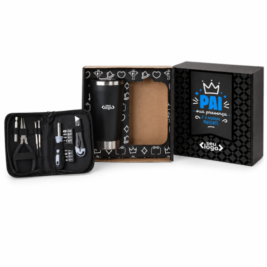Kit com copo térmico e conjunto de ferramentas em estojo Para campanha dia dos Pais Personalizada