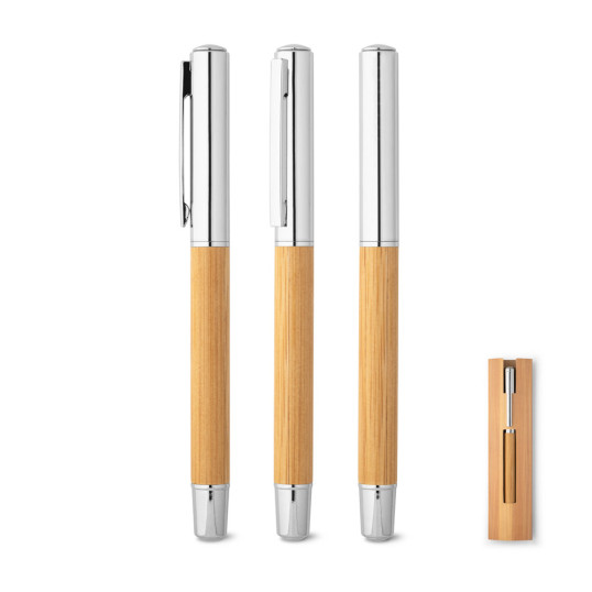 Caneta Roller Inox Reciclado e bambu Personalizado