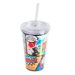Copo Plástico Tampa e canudo Parede Dupla com Papel fotográfico 540ML Personalizado