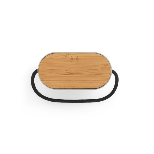 Caixa de Som Em Bambu e Poliéster Reciclado com Carregador de Indução Personalizada