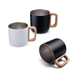 Caneca Térmica Inox com Alça de Madeira 400 ml Personalizada