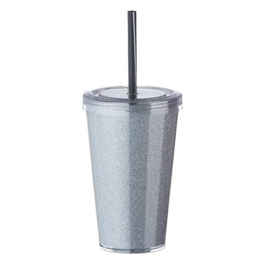 Copo Plástico Tampa e Canudo Parede Dupla Glitter 540 ml Personalizado
