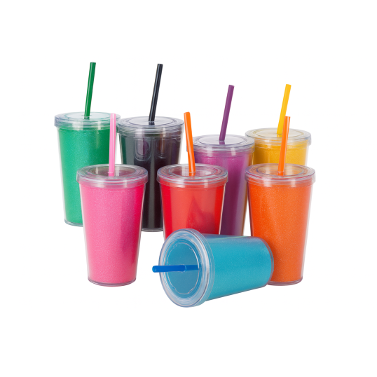 Copo Plástico Tampa e Canudo Parede Dupla Glitter 540 ml Personalizado