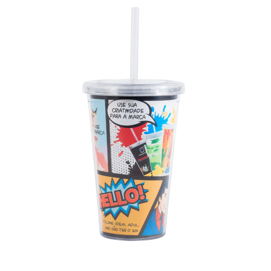 Copo Plástico Tampa e canudo Parede Dupla com Papel fotográfico 540ML Personalizado