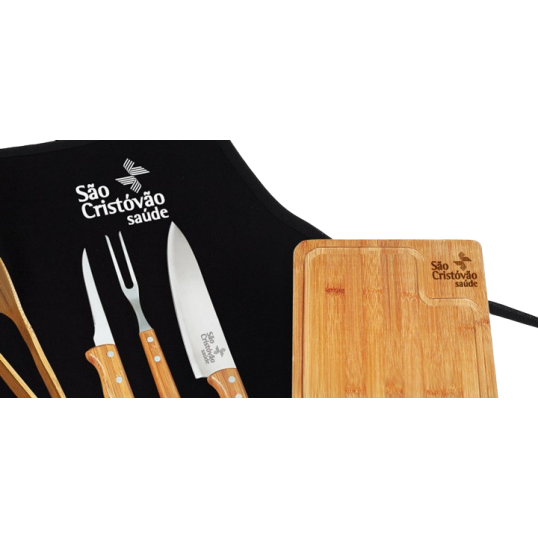 Kit Churrasco com Tábua Bambu e Avental Personalizado