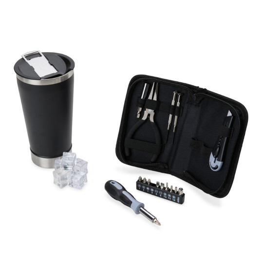 Kit com copo térmico e conjunto de ferramentas em estojo Personalizada